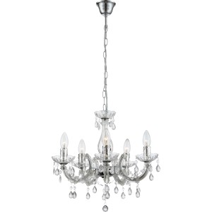 Globo Kronleuchter Cuimbra II mit Chromgestell und klarem Acrylglasbehang für 5 Leuchtmittel.