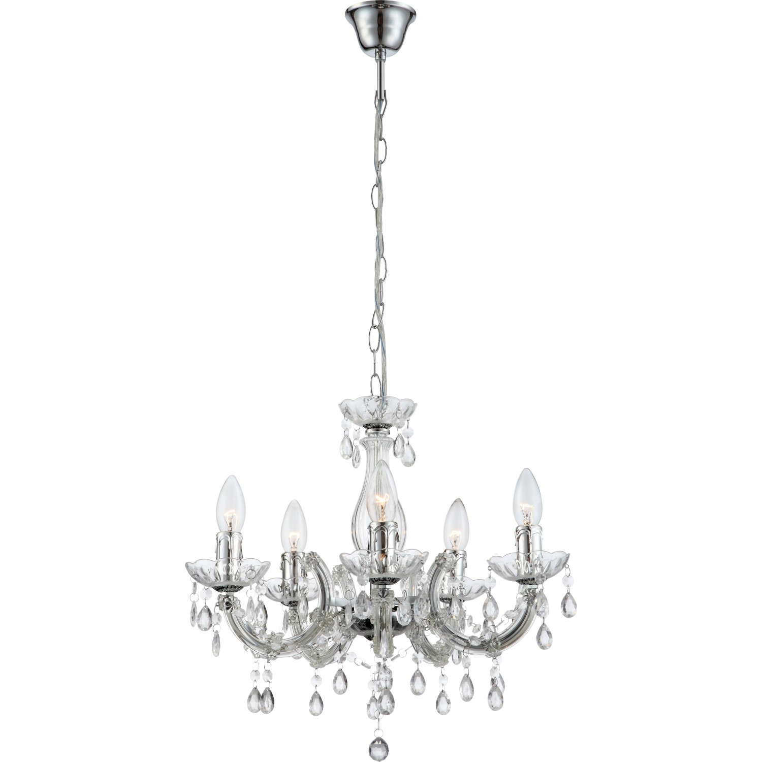 Globo Kronleuchter Cuimbra II mit Chromgestell und klarem Acrylglasbehang für 5 Leuchtmittel.