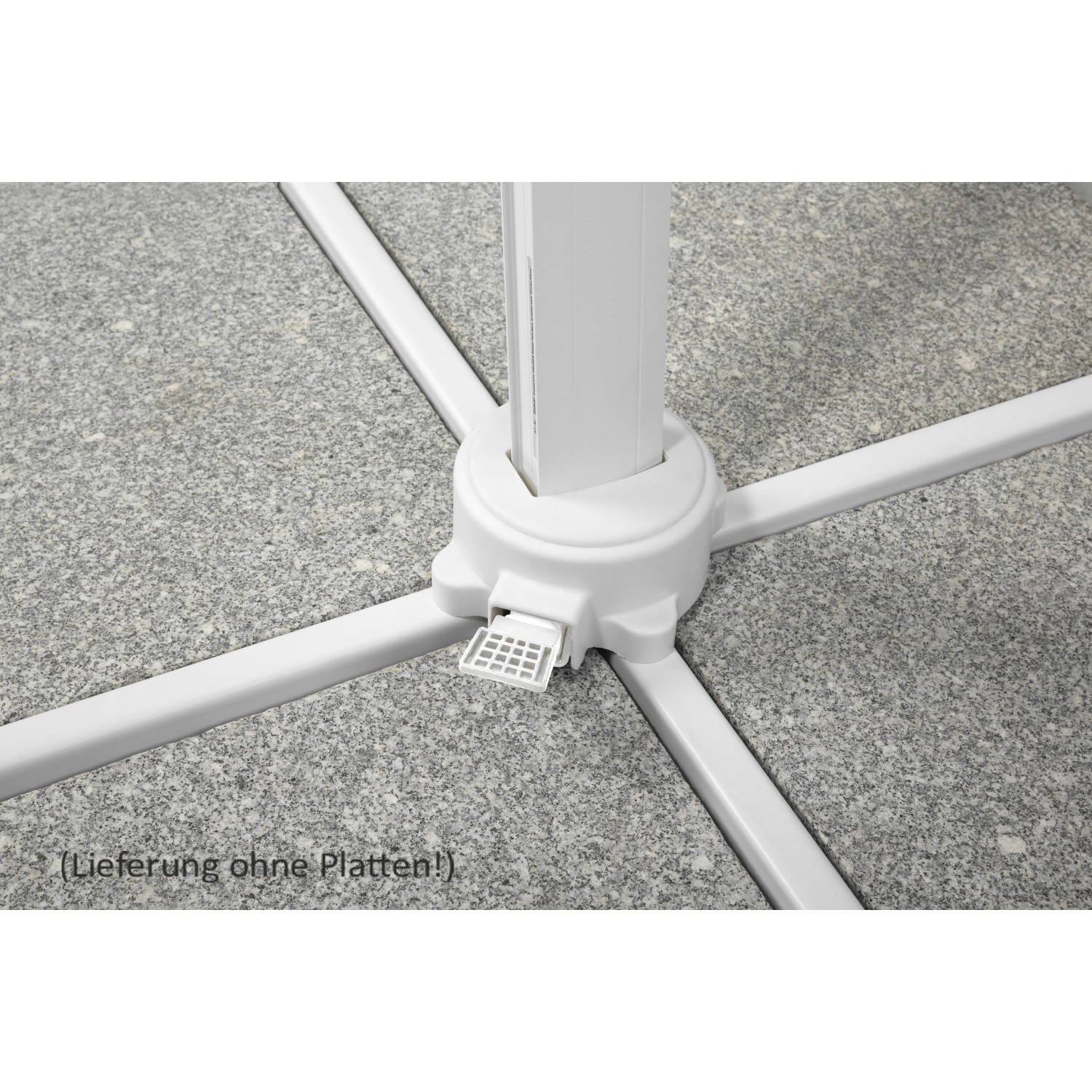 Detailaufnahme des weißen Schirmständers für Schneider Ampelschirm Rhodos. Hinweis: Lieferung ohne Platten.