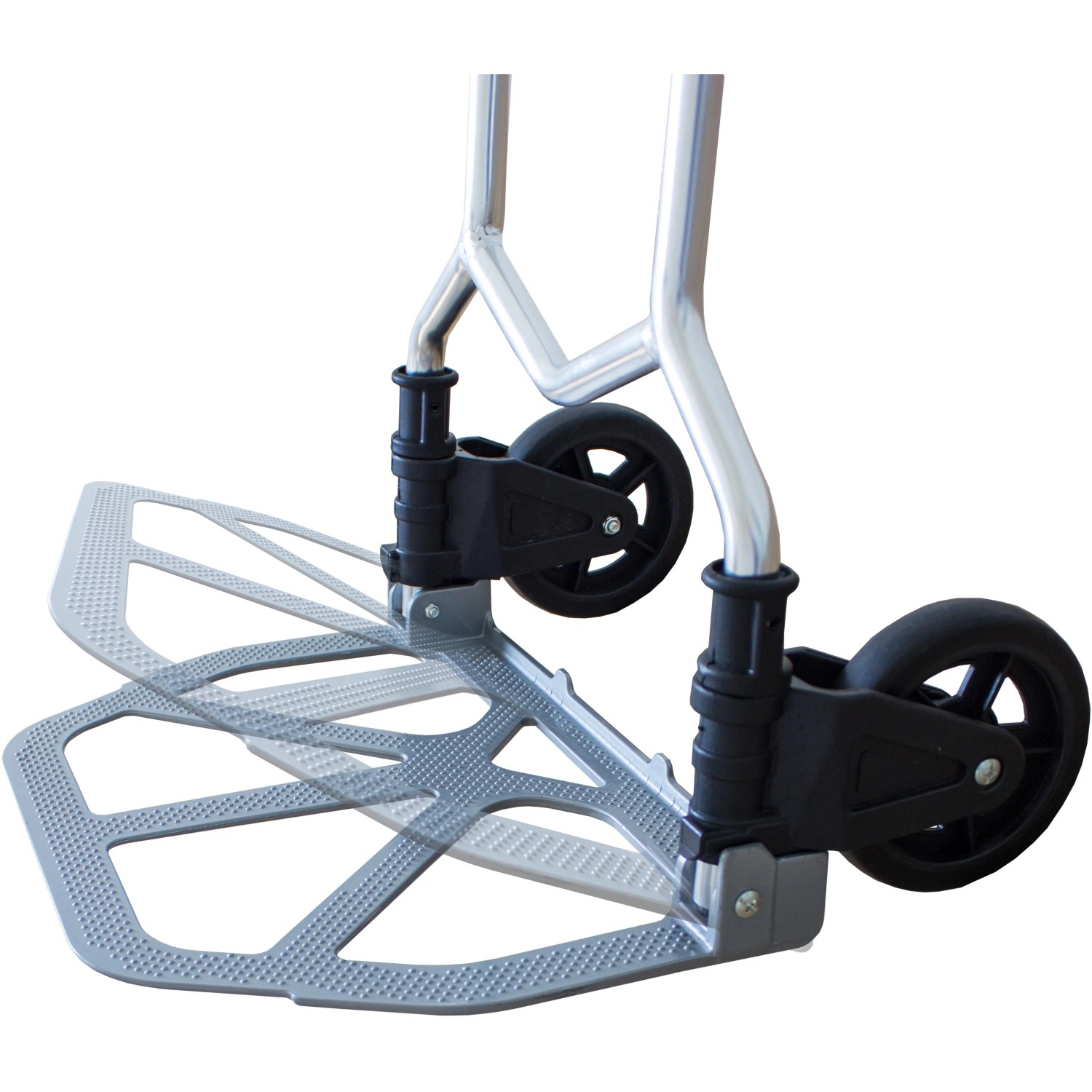 Detailansicht Transportkarre/Sackkarre, max. 70 kg, mit Rädern und klappbarer Ladefläche.