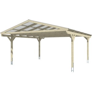 Weißer Skan Holz Doppelcarport Westerwald mit Doppelstegplatten und geraden Kopfbändern.