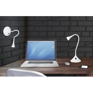 Weiße LED-Tischleuchte Viper, flexibel als Schreibtischlampe oder Wandleuchte nutzbar.