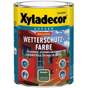 Dose Xyladecor Consolan Wetterschutzfarbe Moosgrün, seidenglänzend für Holz im Außenbereich.