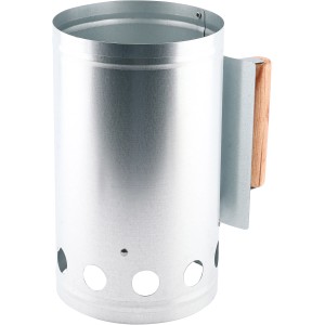 Grillanzündkamin aus Metall mit Holzgriff, ideal für Holzkohle und Briketts.