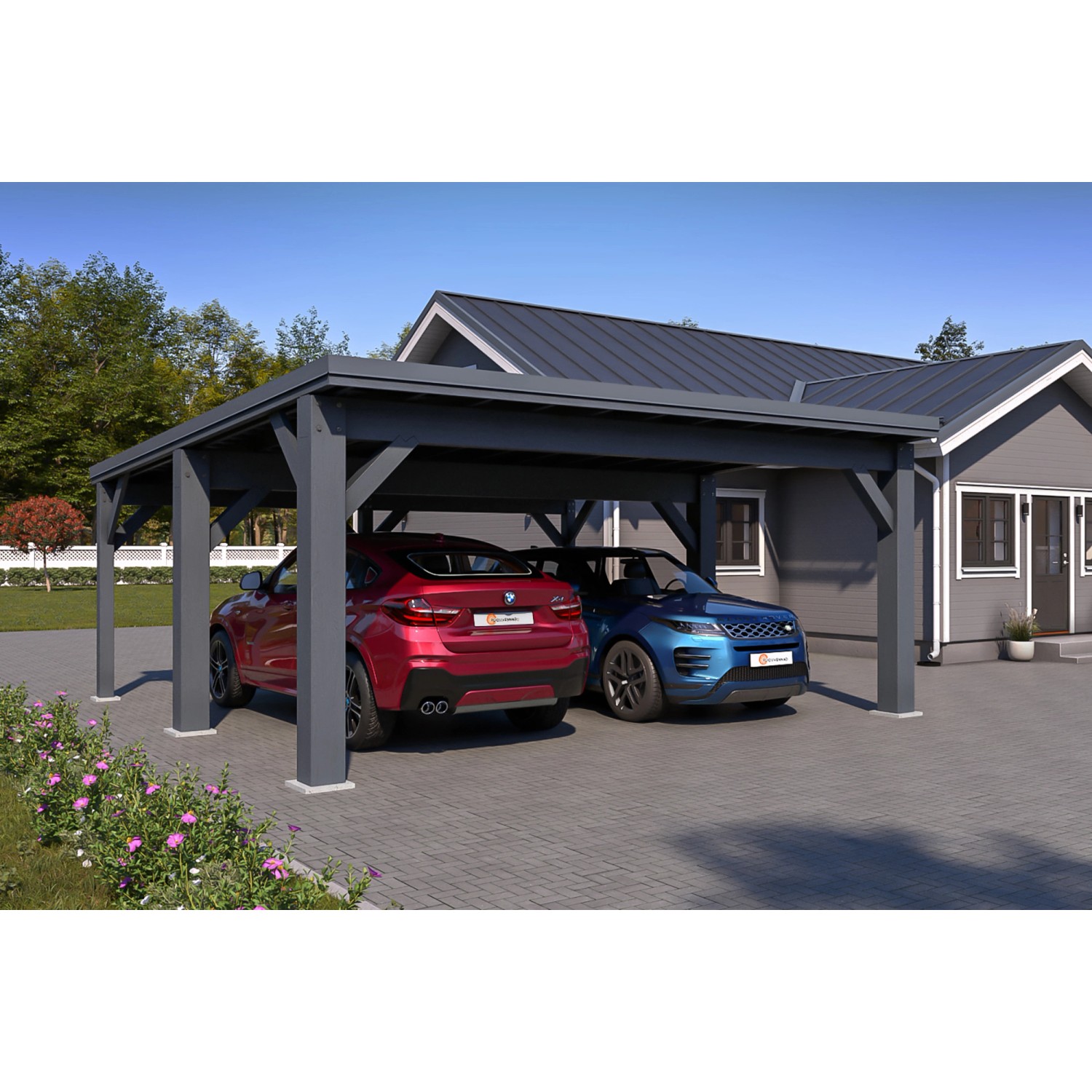 Holzbrüder Carport Ralf 36 in Anthrazitgrau/Dunkelgrau mit zwei geparkten Autos.