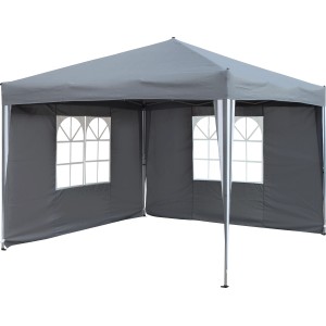 Grauer Faltpavillon Pontino 293x293 cm mit Seitenteilen und Fenstern.
