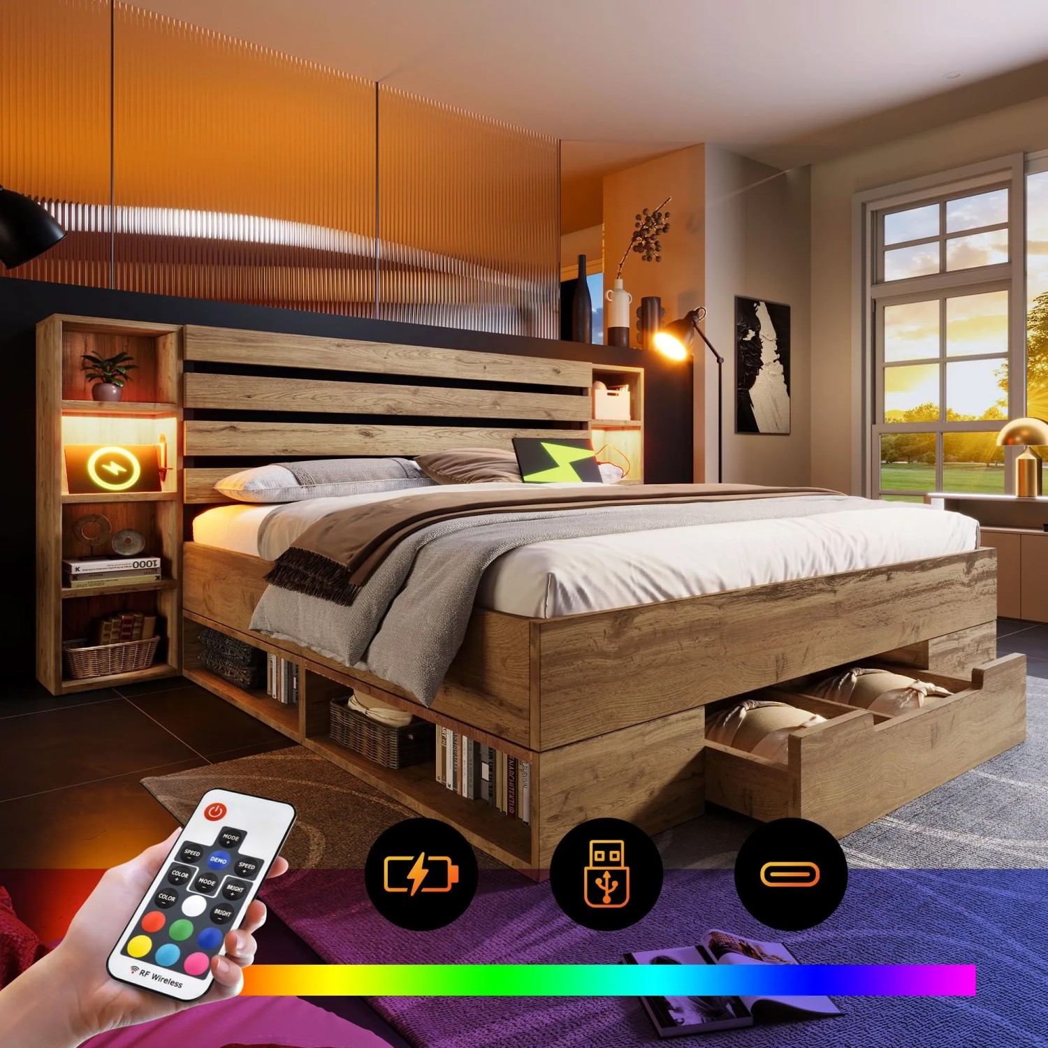 okwish Holzbett 160x200cm mit LED USB Stauraum Kopfteil Schlafzimmer Eiche ohne Matratze_10