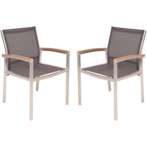 2er Set graue Garden Pleasure Stapelstühle Livorno mit Teak-Optik Armlehnen.