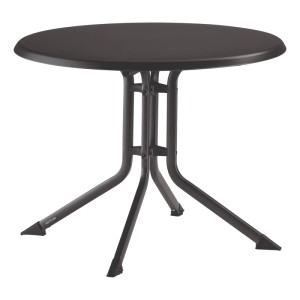 Anthrazitfarbener, runder Kettler Klapptisch Boulevard mit Aluminiumgestell und Kettalux-Tischplatte.