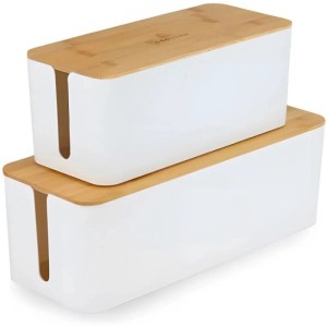 addhome Kabelbox Set, 2 weiße Boxen mit Bambusdeckel zur Kabelaufbewahrung.