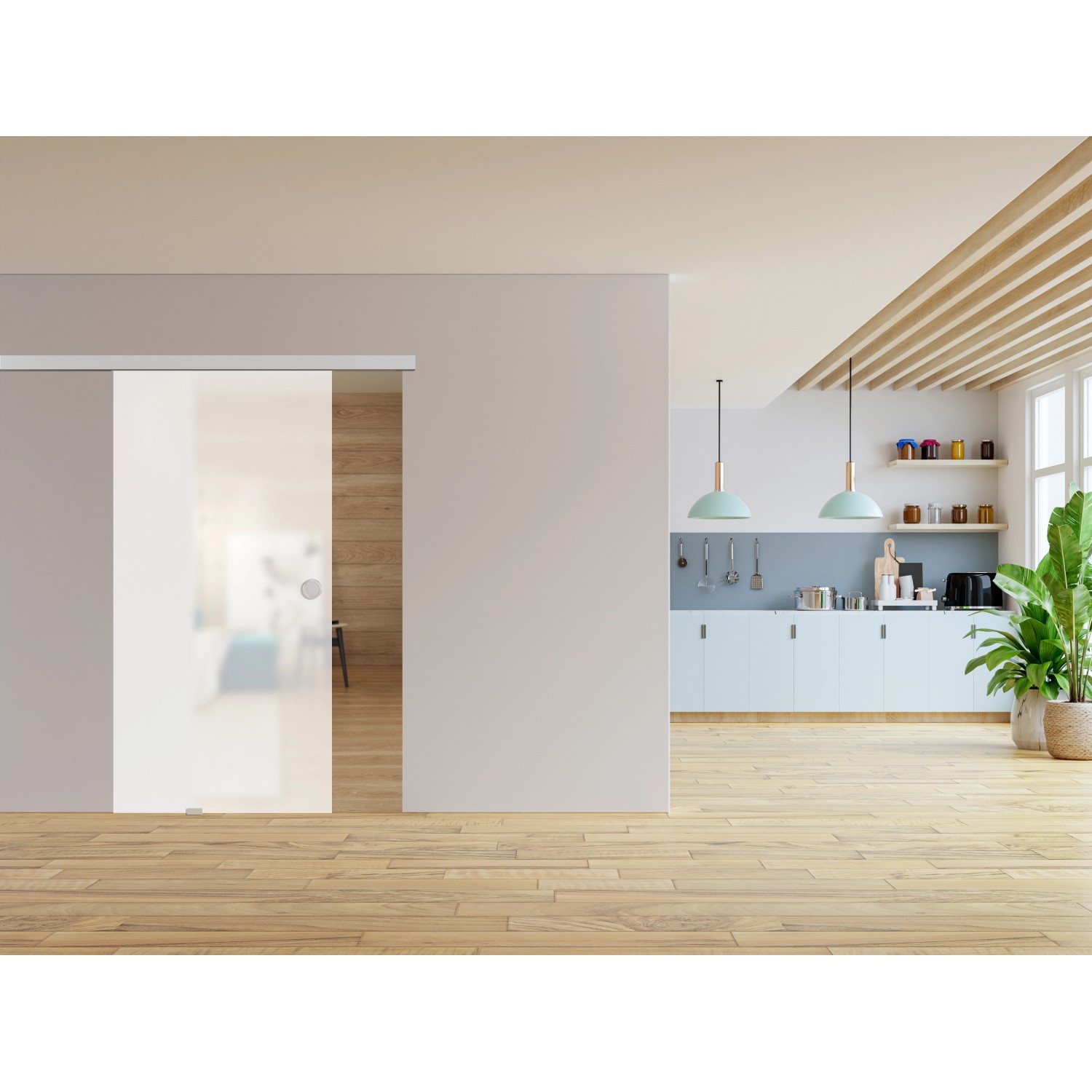 Glasschiebetür-Set Nova 501 in Edelstahl-Optik, satiniertes Glas, inklusive Griffmuschel, 200 cm breit.