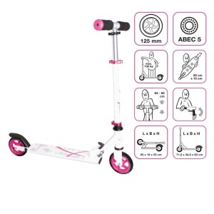 Weiß-pinker Muuwmi Aluminium Tretroller mit 125 mm Rollen, ABEC 5 Kugellager, höhenverstellbar und klappbar.