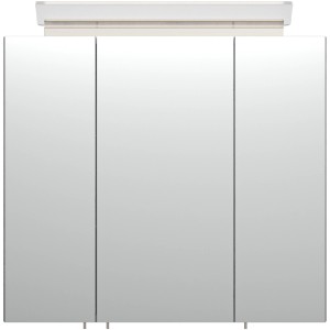 Posseik Spiegelschrank in Beton-Optik, 70 cm breit, mit drei Softclose-Türen und Aufsatzleuchte.