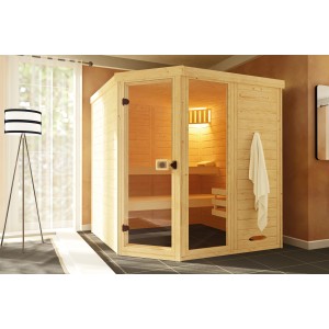 Weka Elementsauna Laukkala 3 Sparset mit Glasfront, Ofen und Saunaleuchte.
