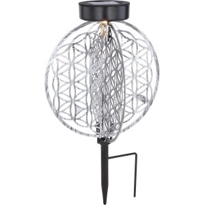Silberne Globo LED Solar-Kugel Leuchte mit Erdspieß und Lebensblumen Muster.