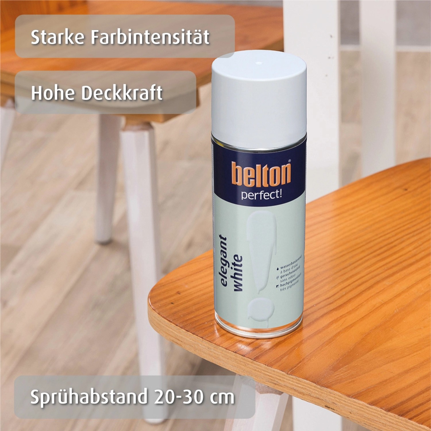 belton Buntlack Perfect Elegant White, seidenmatt, 400ml Dose auf einem Holztisch.