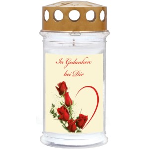 Motiv-Grablicht Ambrosius mit Rosen und Herz, Brenndauer 5 Tage.