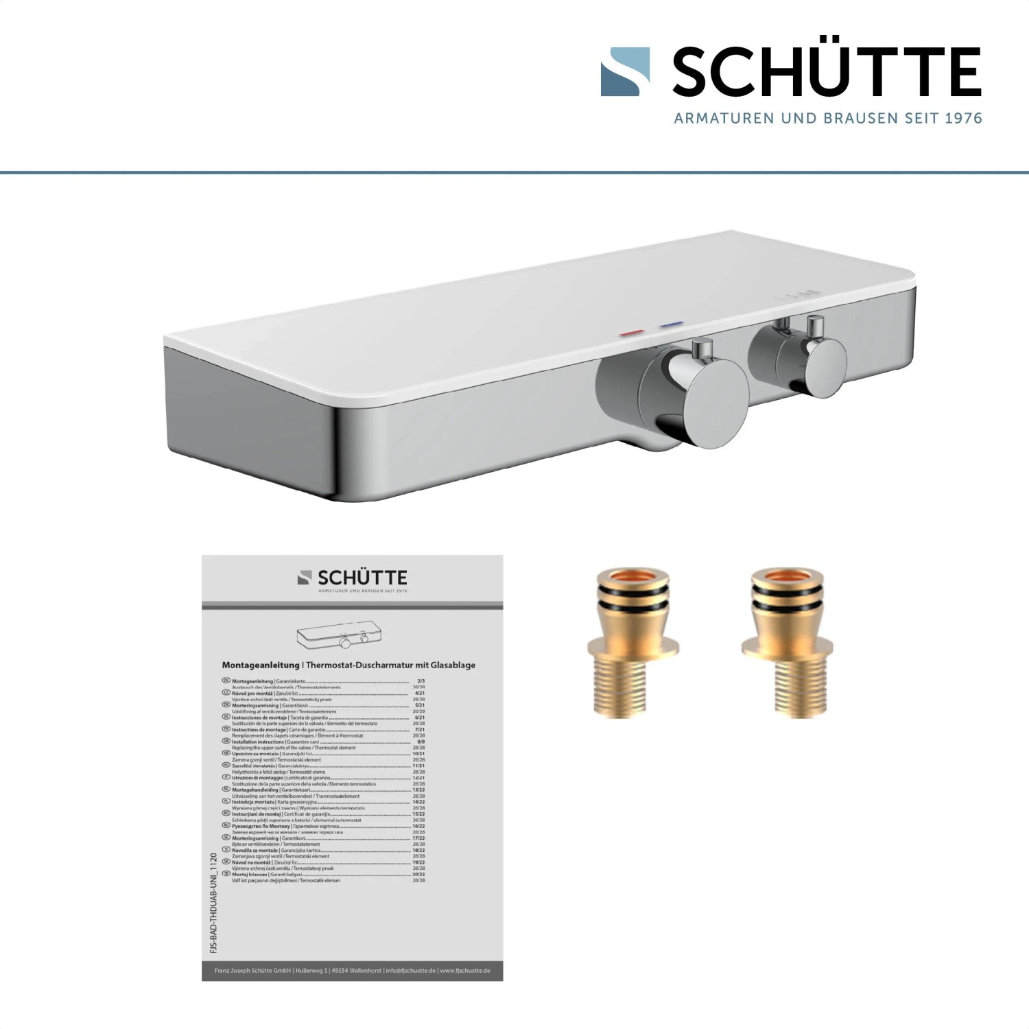 Schütte Thermostat-Duscharmatur Ocean Chrom-Weiß mit Ablage und Montagezubehör.