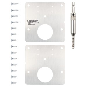 wolfcraft Reparaturset für Topfscharniere: 2 silberne Montageplatten, selbstzentrierender Bohrer & Schrauben.