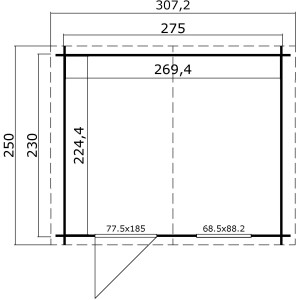 Grundriss Lasita Holz-Gartenhaus Nina 230, 307,2x250 cm, Gletschergrün. Abmessungen und Türposition.