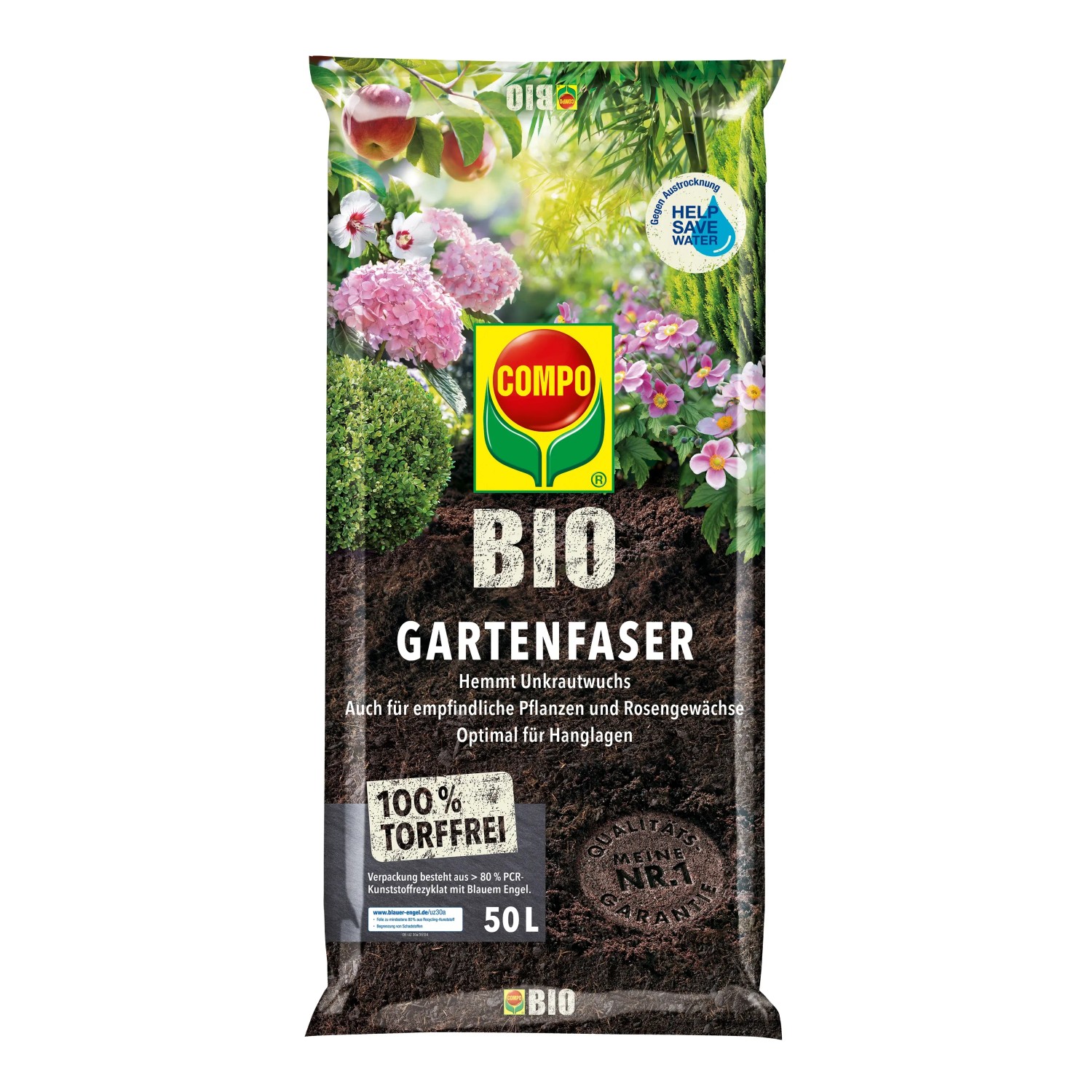 Sack Compo Bio Gartenfaser Torffrei 50L. Mulchmaterial zur Bodenverbesserung und Unkrauthemmung.