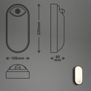 Skizze der Briloner LED Wandleuchte mit Bewegungsmelder, Maße: 220x105x60mm.