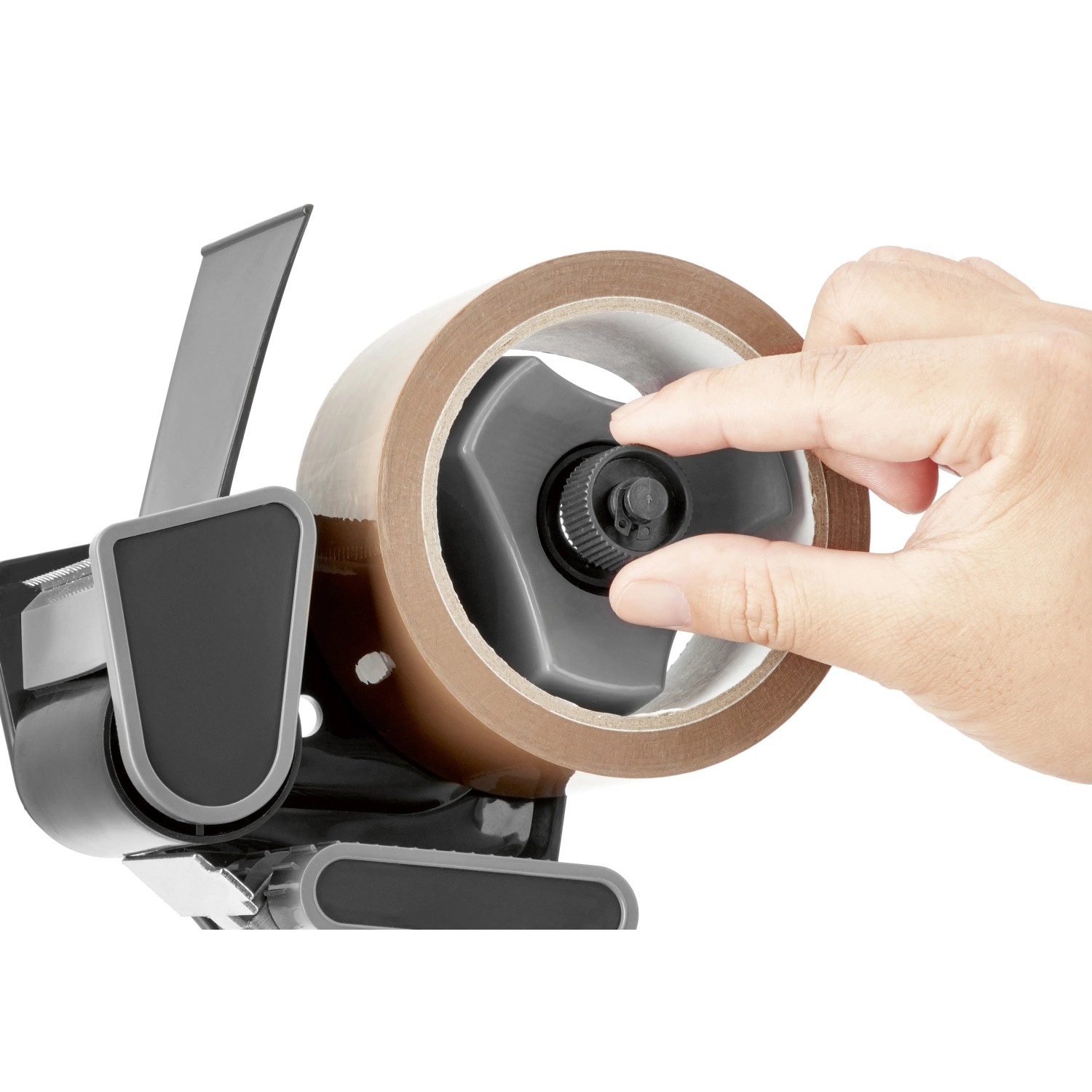 Packbandabroller mit braunem Packband (66m x 50mm) in Aktion, Hand bedient Abroller.