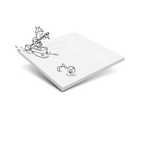 Weiße, quadratische baliv Duschwanne DW-90.100E in Steinoptik mit Comic-Zeichnung.