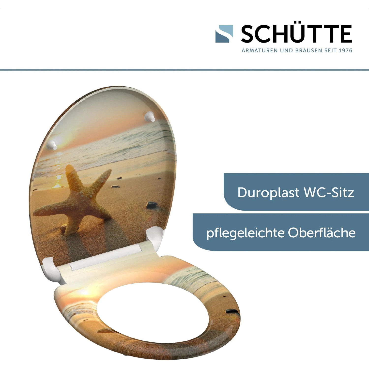 Schütte WC-Sitz Sea Star mit Strandmotiv, Duroplast und Absenkautomatik.