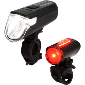 Fischer Akku-LED Beleuchtungs-Set Twin, schwarz, mit Vorder- und Rücklicht für Fahrräder.