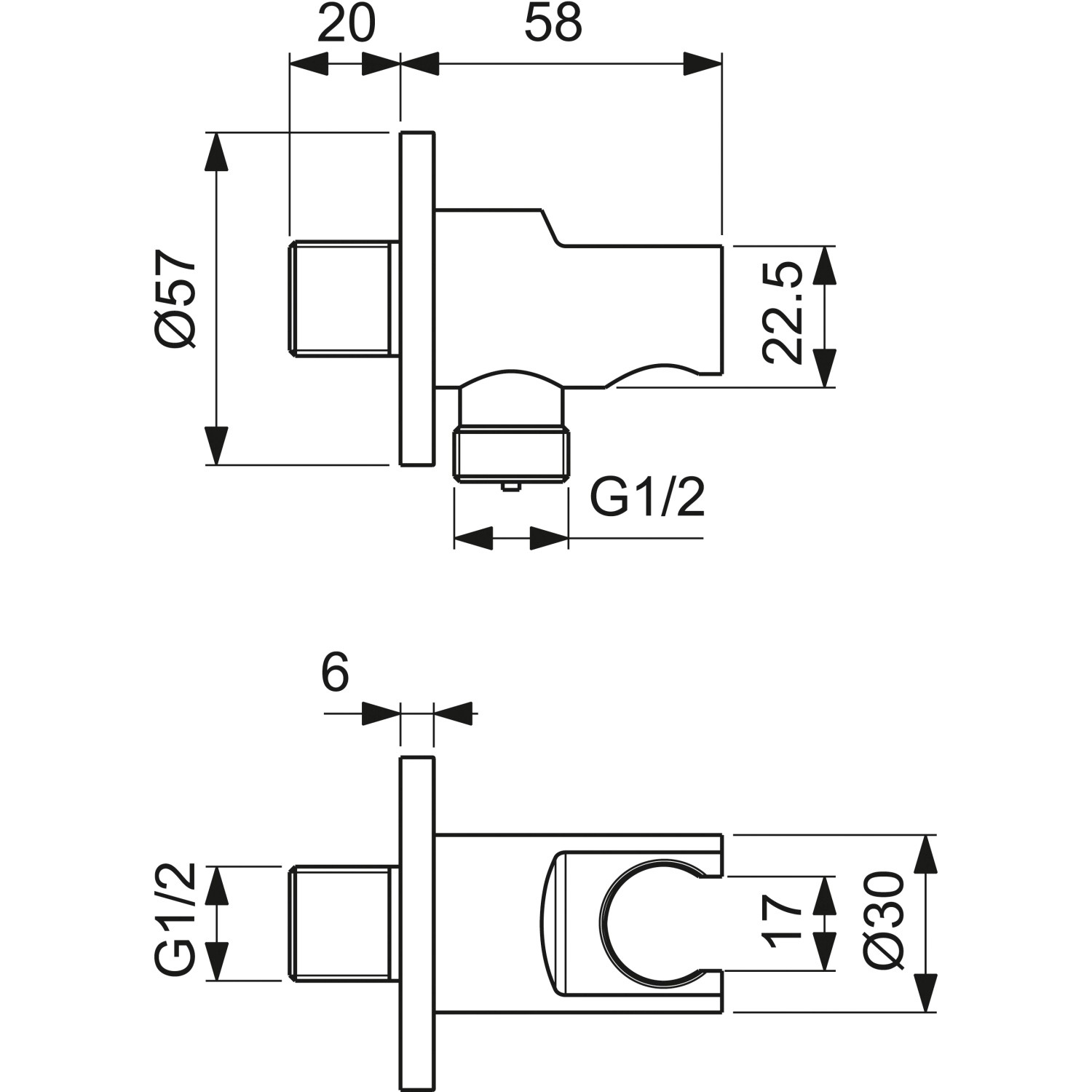 Technische Zeichnung: Ideal Standard Brausehalter Idealrain Atelier, rund, Chrom, mit Maßen.