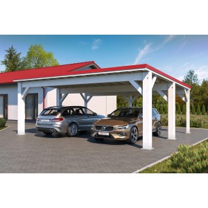Holzbrüder Carport Ralf 42 in Reinweiß-Rot mit zwei parkenden Autos.