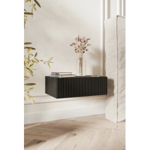 Schwarzer hängender Nachttisch Veldio mit Rillenfront, 50 cm breit, in modernem Schlafzimmer.