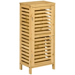 Kleankin Badschrank aus hellem Bambus mit Lamellentür und zwei Fächern, ideal für Badregale.