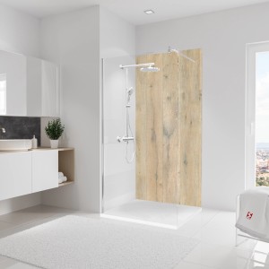 Schulte Duschrückwand DecoDesign Holz-Landhaus, 210x100 cm, Holzmuster im Badezimmer.