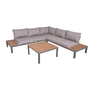 Braunes Garden Pleasure Lounge-Set Valentina, 4-teilig mit grauen Polstern und Tisch.