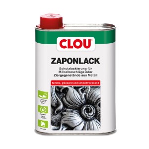 Dose Clou Zaponlack 250ml, farbloser Metallfirnis für Ziergegenstände und Möbelbeschläge im Innenbereich.