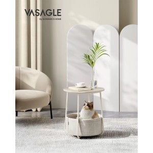 Vasagle Beistelltisch Beige-Weiß mit Stoffkorb und Katze, Ø 45x51cm.