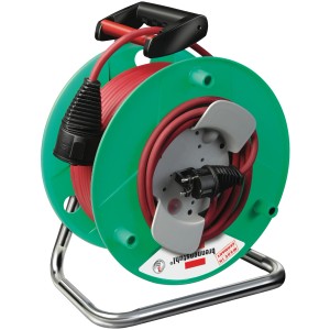 Grüne Brennenstuhl Gartenkabeltrommel mit 50 m rotem Kabel und verzinktem Tragegestell.