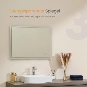 Emke LED-Badspiegel 90x70 cm mit Beleuchtung, Touchschalter und Antibeschlagfunktion über Waschbecken.