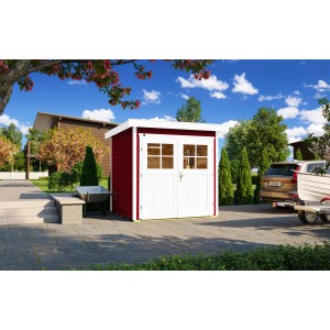 Weka Gartenhaus 227, Flachdach, schwedenrot mit Doppeltür. Holz-Gartenhaus für den Garten.