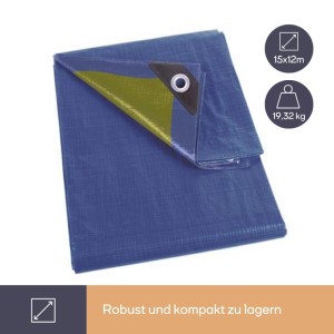 Robuste Perel Abdeckplane, blau und khaki, mit verstärkten Ecken und Ösen. Wasserdichte Schutzhülle 12x15m.
