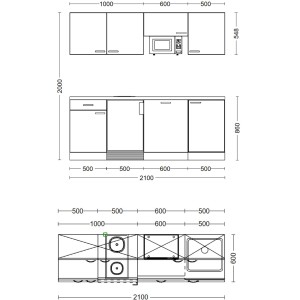 Skizze der weißen Flex-Well Exclusiv Büroküche Joelina (210 cm) mit Maßen.