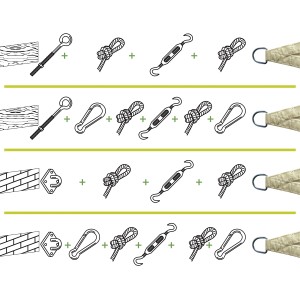 Perel Montagekit für Sonnensegel: Details zu Befestigung mit Spanner, Haken, Augbolzen und Karabinerhaken.