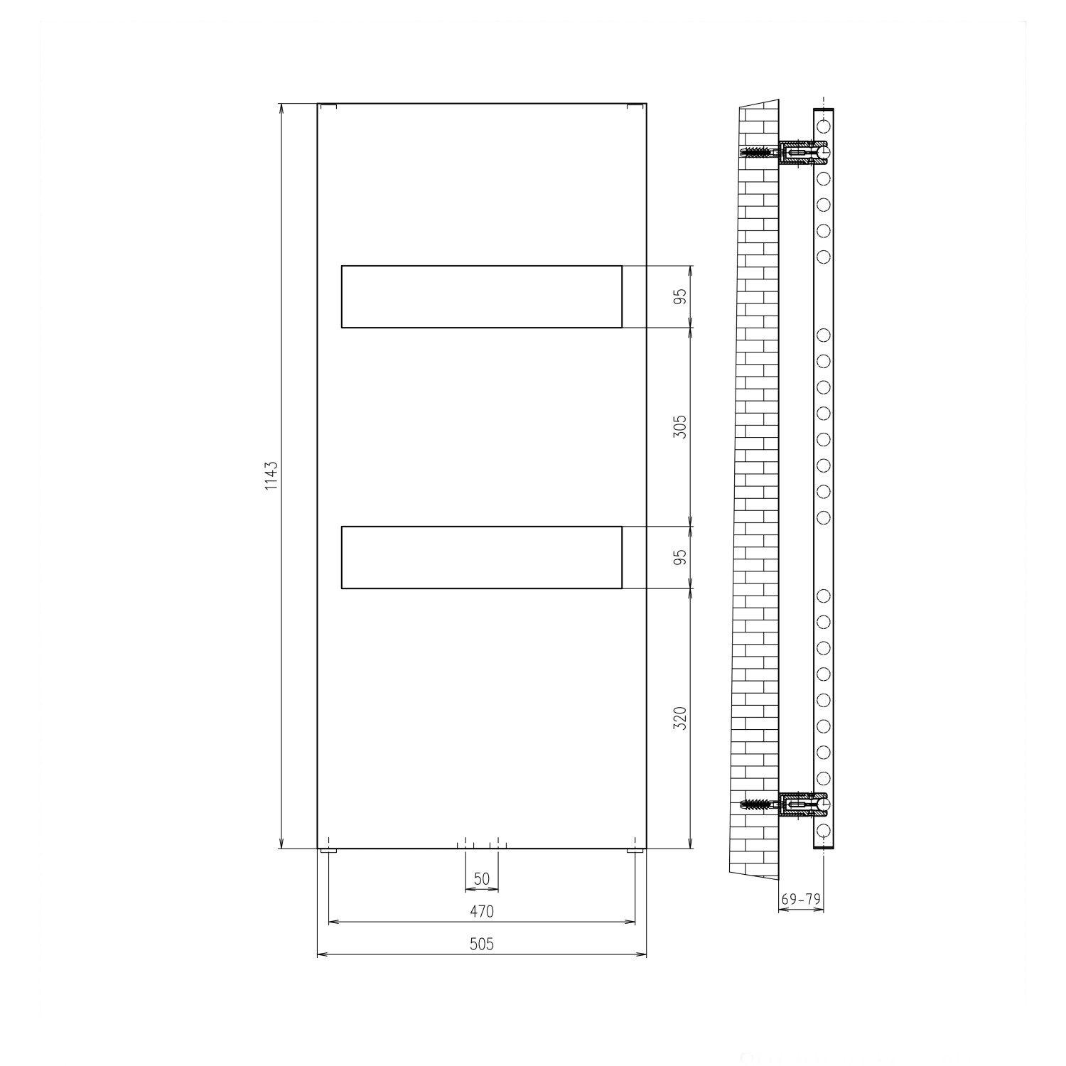 Technische Zeichnung Schulte Design-Heizkörper Turin, links, alpinweiß, mit Maßen.