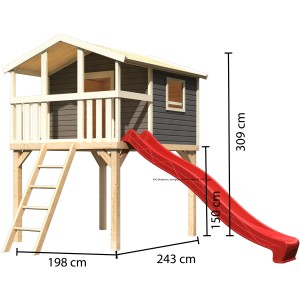 Karibu Stelzenhaus Benjamin, terragrau, mit Holzleiter und roter Rutsche. Spielturm für Kinder.