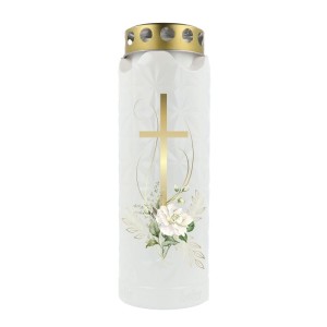 Weißes Hofer Kristalllicht Grablicht mit strukturierter Oberfläche, goldenem Kreuz, Blumen und goldenem Deckel. 14 Tage.