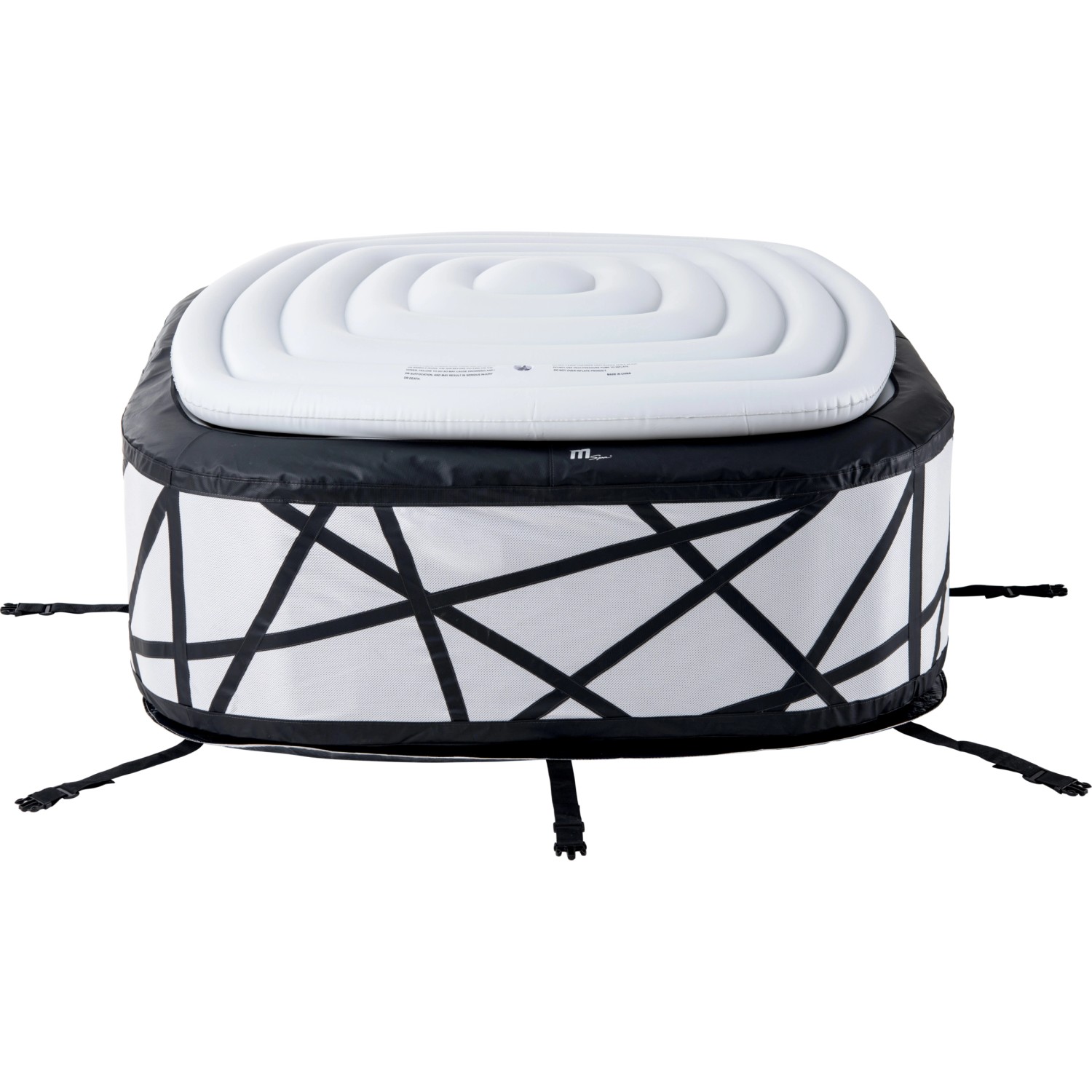 MSpa Soho AirJet Premium Whirlpool mit Hydromassage, aufblasbar, mit weißem Deckel und schwarzem Muster.