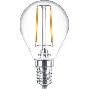 Philips LED-Lampe E14 Tropfenform, 2W, warmweiß, 250lm, 8x4,5cm. Klares Glas, sichtbare Filamente.