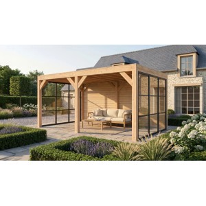 weka Gartenlaube Lumley aus Fichte: Moderne Terrassenüberdachung mit Glaswänden, Flachdach, auf Terrasse.